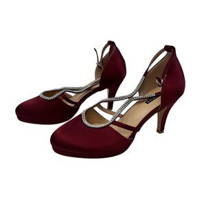 ERIJUNOR Satin Rhinestone Heels Burgundy Ankle Strap Round Toe Size 11